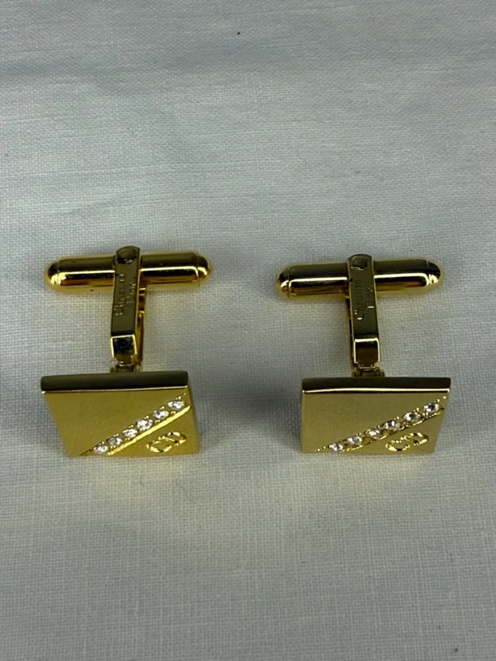 Christian Dior Gold Tone Logo Rhinestone Cufflinks 0.75”